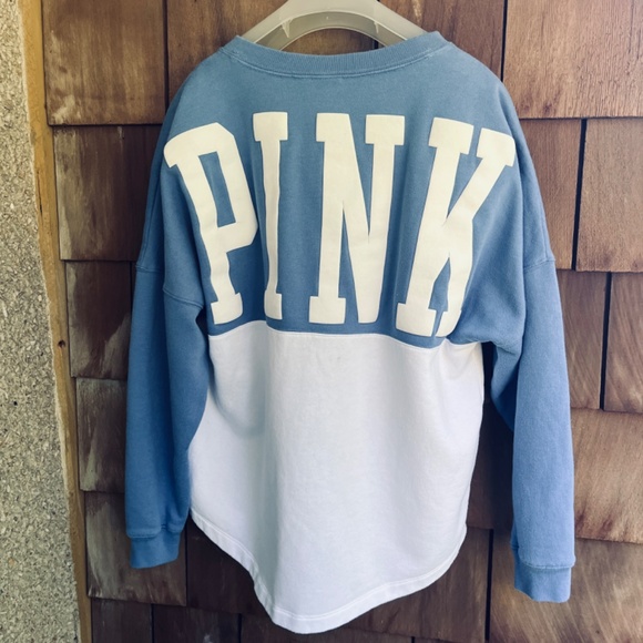 VS PINK Varsity Notch Neck Crew Pullover Sweatshirt Blue Colorblock Size M - Picture 13 of 16